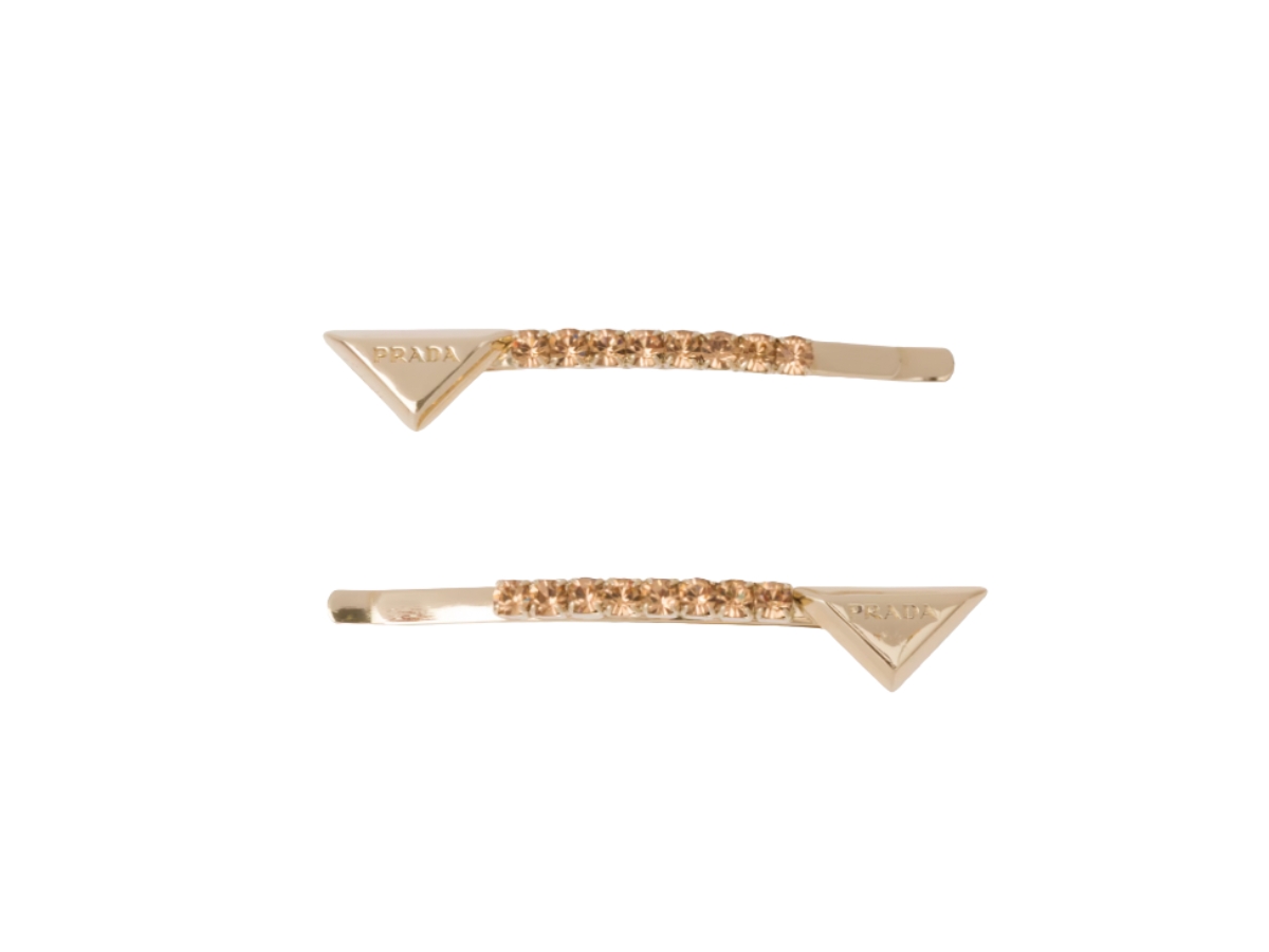 Prada Embellished Brass Hair Clip In Metal Triangle Logo