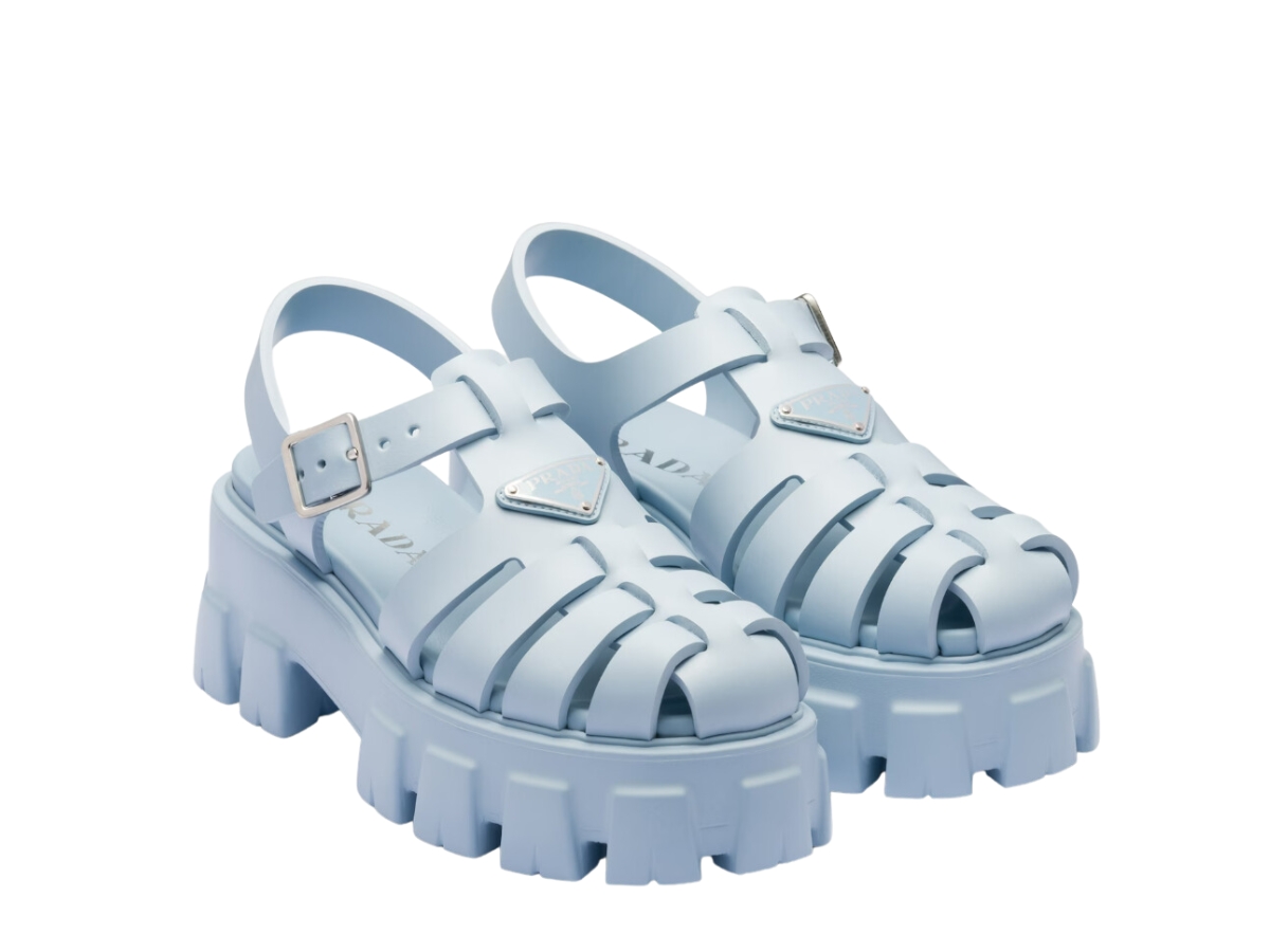 Prada Foam Rubber Sandals With Enameled Metal Triangle Logo Light Blue (W)