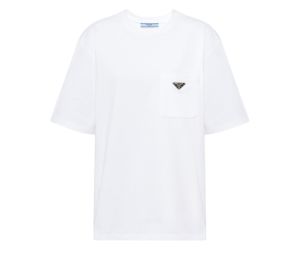 Buy Prada Jersey T-Shirt With Enameled Metal Triangle Logo White at Sasom – Authentic and Ready to Ship