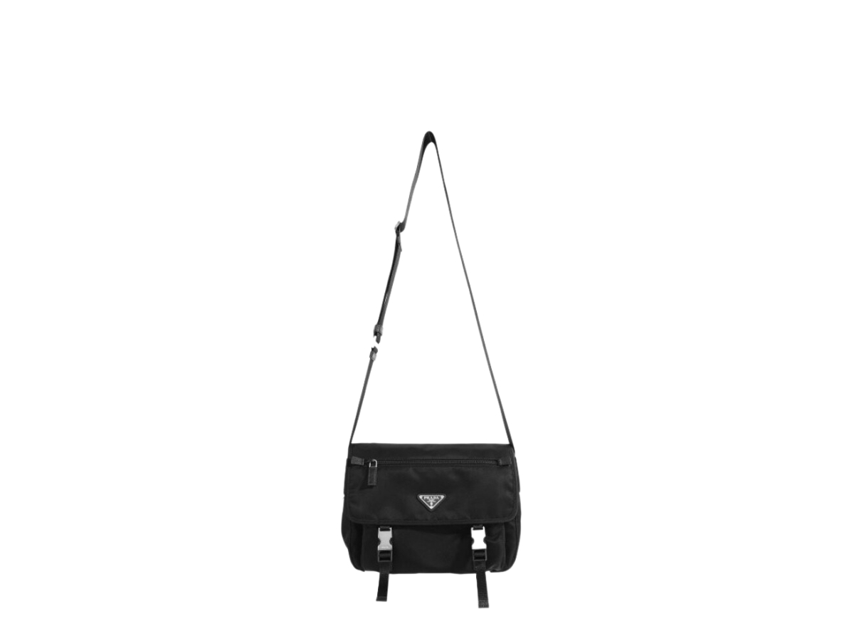 Prada Black Saffiano Leather and Nylon Logo Flap Shoulder Bag