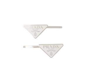 Prada Metal Hair Clips In Enameled Triangle Logo White