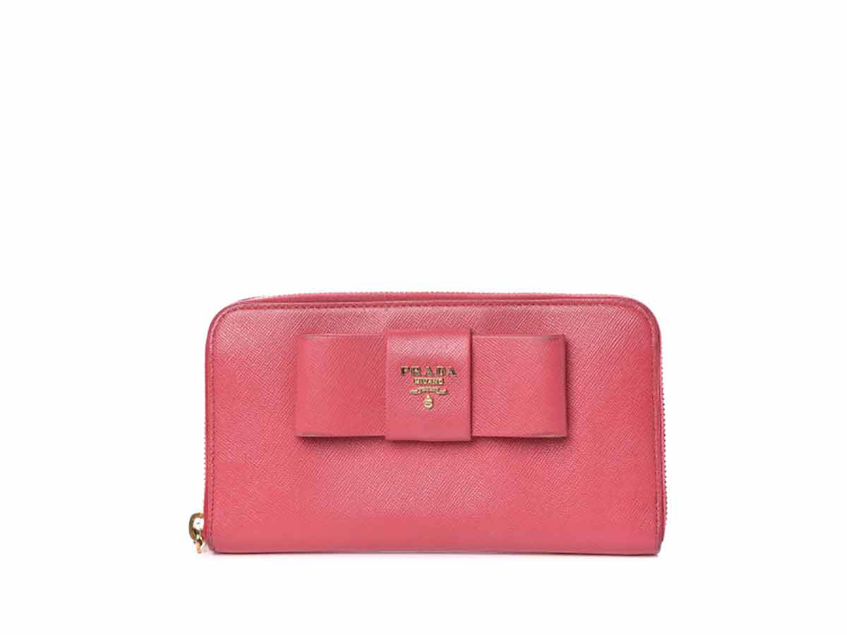 Prada Saffiano Peonia Fiocco Bow Zip Around Wallet