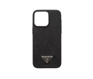 Prada Saffiano Leather Cover For IPhone 14 Pro Max With Silver Enameled Metal Triangle Logo Black
