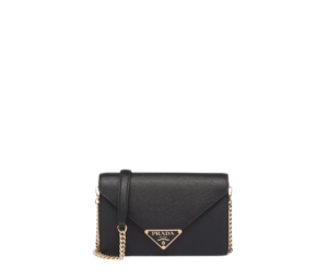 Prada Saffiano Leather Shoulder Bag 21CM In Leather Magnetic Flap Closure With Enameled Metal Triangle Logo Black