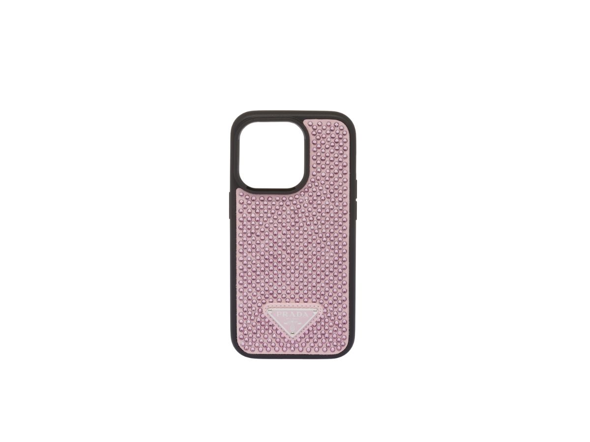 プラダPRADA iPhoneケース　iPhone14Pro ピンク　三角ロゴ Prada Satin cover for iPhone 14 Pro With Synthetic Crystals And
