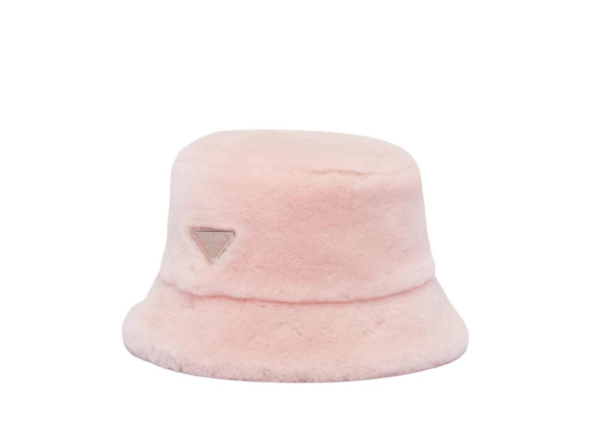 Prada Shearling Bucket Hat In Enameled Metal Triangle Logo  display picture 3
