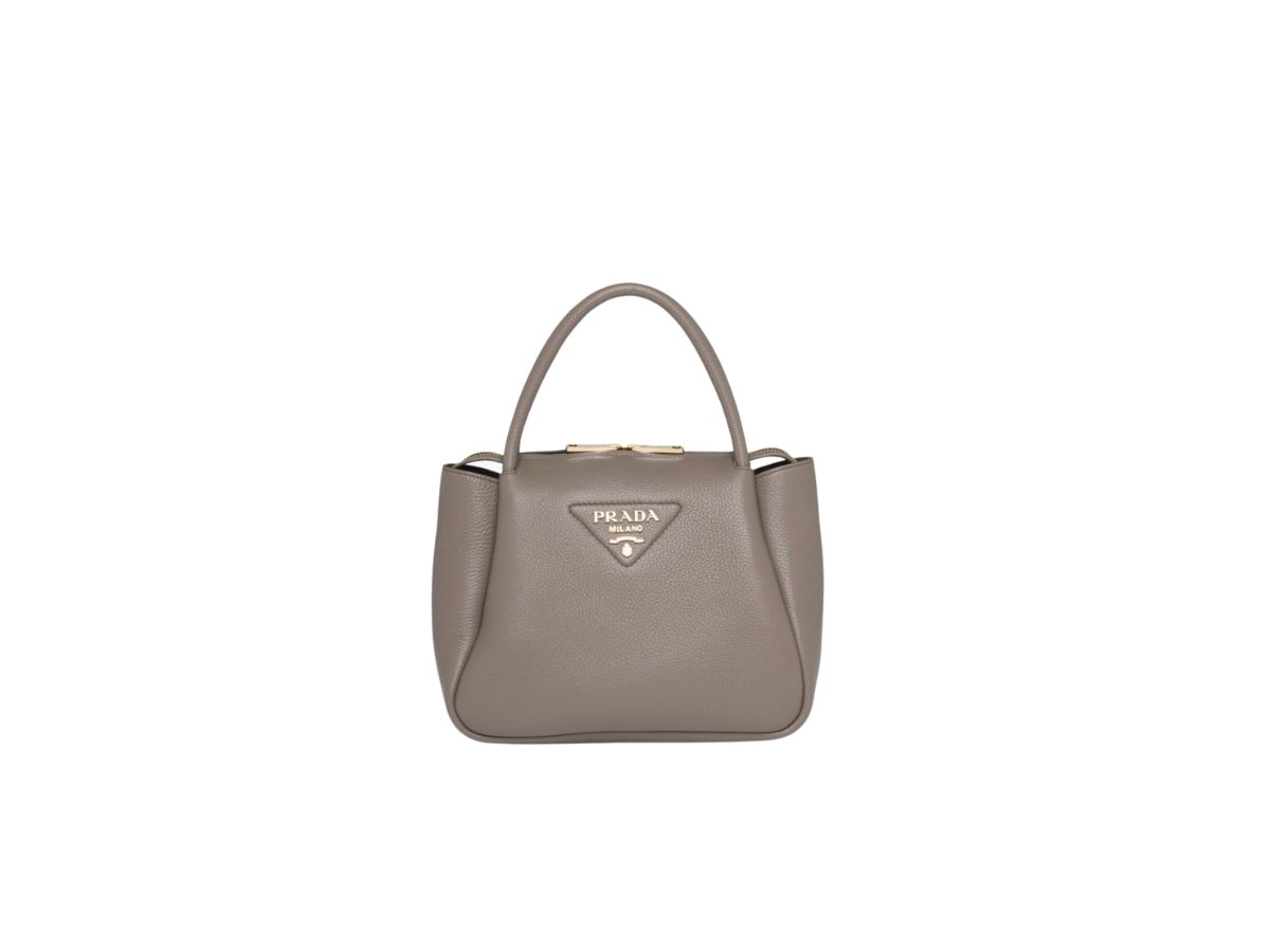 Prada Small Leather Tote Bag With Metal Lettering Logo And Metal Hardware Grey