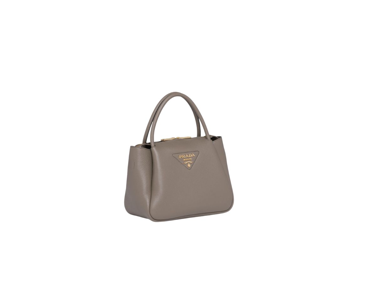 Prada Small Leather Tote Bag With Metal Lettering Logo And Metal Hardware Grey