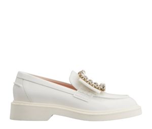 Roger Vivier Viv' Rangers Strass Buckle Loafers in Patent Leather White