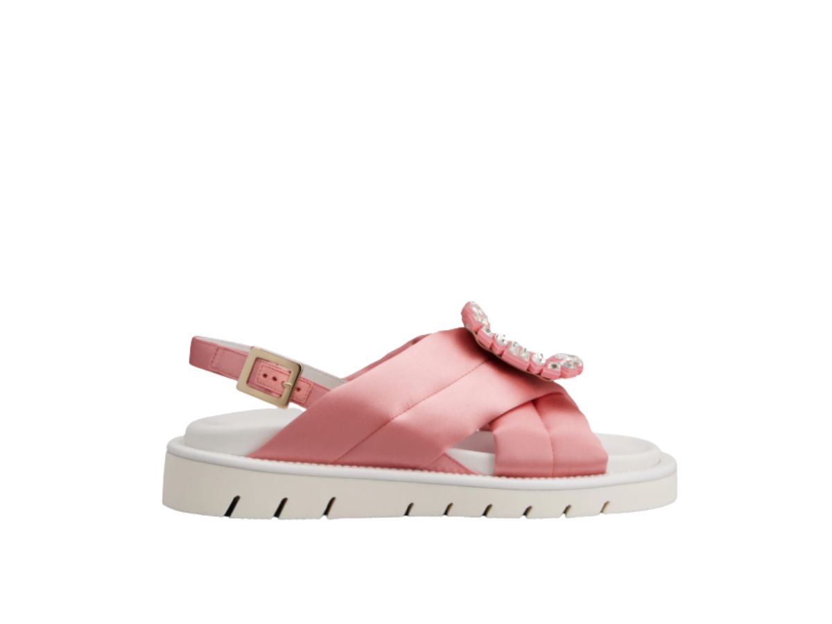 Roger Vivier Viv' Winter Puffy Strass Buckle Sandals in Satin Light Pink