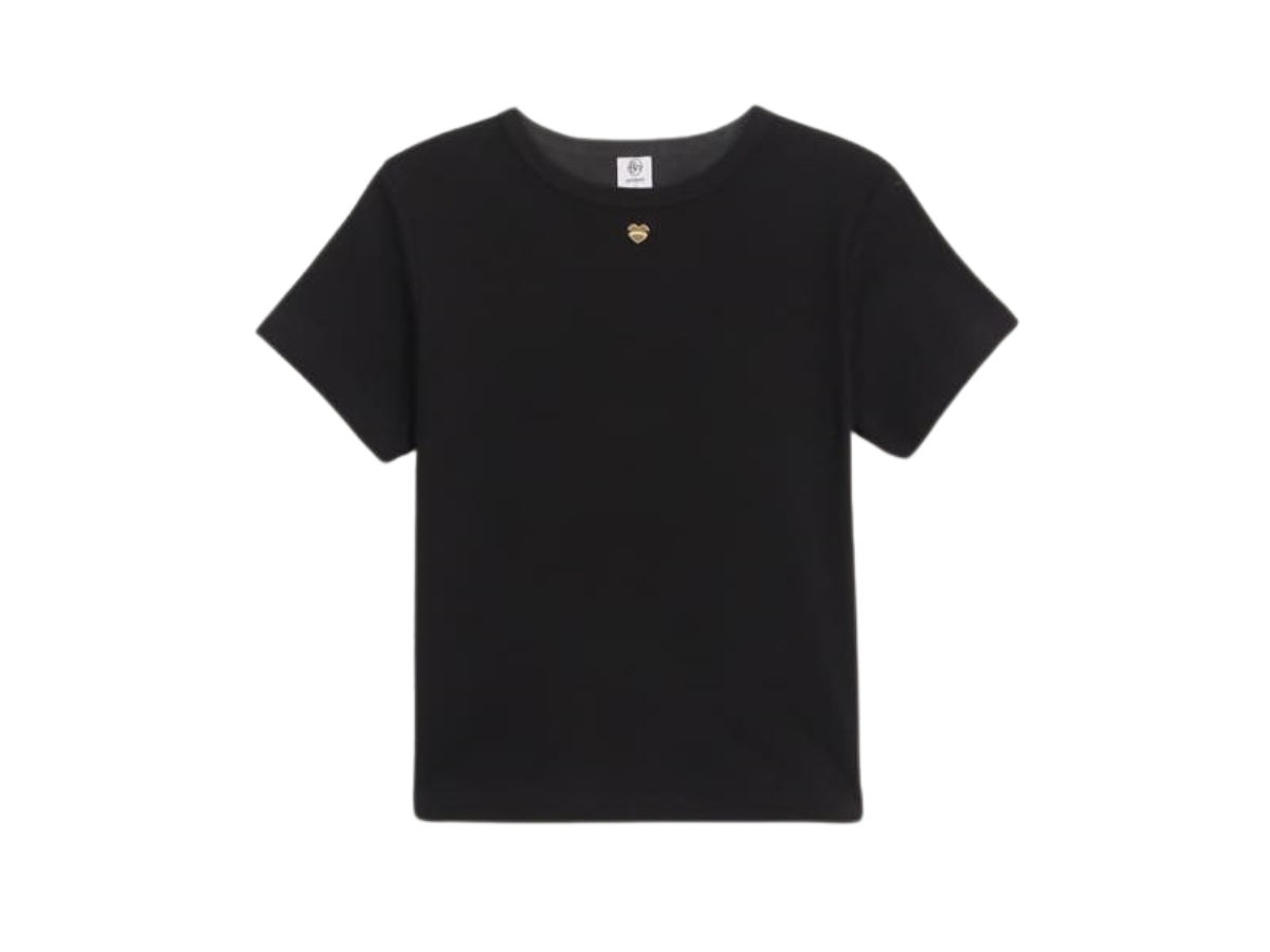 Tシャツ・カットソー RONRON I RIBBON SLIM CROP T SHIRTS BLACK RR25AST4203BK RONRON】 韓国人気新作☆ DOUBLE RIBBON SLIM CROP T SHIRT