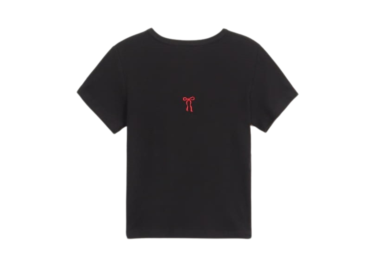 Ronron Back Ribbon Heart Slim Crop T Shirts Black | ของแท้