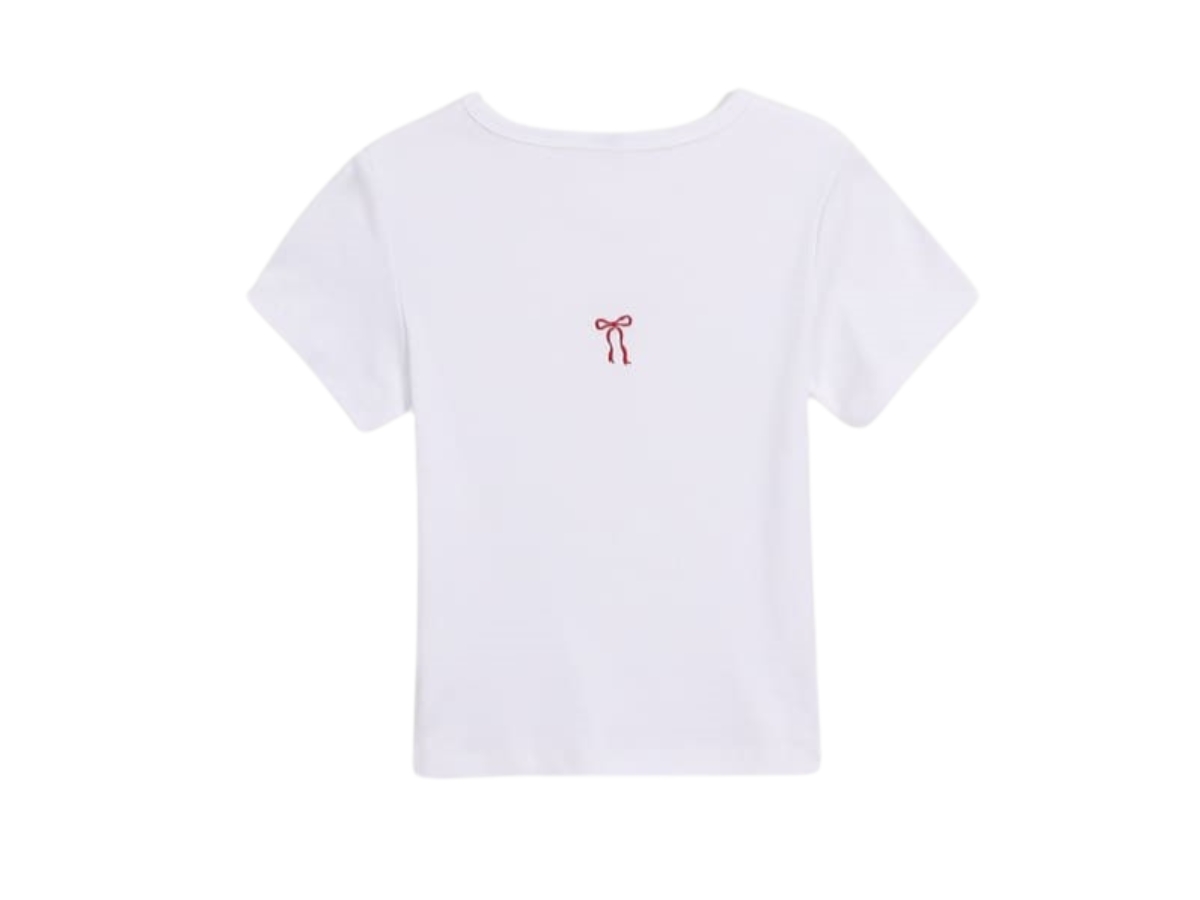 Ronron Back Ribbon Heart Slim Crop T Shirts White