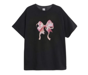 ★2024SS新作★RONRON★REAL GINGHAM RIBBON SLIM CROP T SHIRT Ronron Double Ribbon Slim Crop T-Shirt Black-Pink | ของแท้
