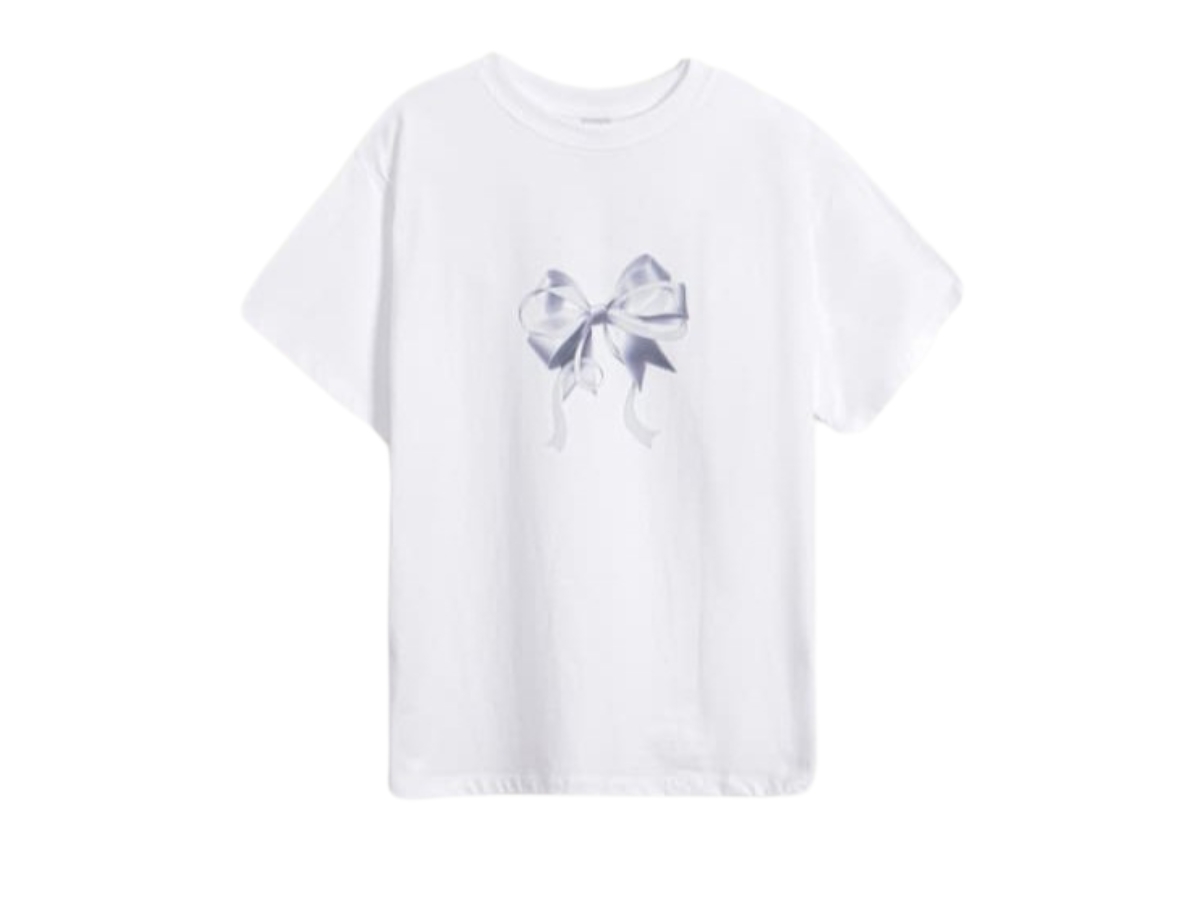 ◆RONRON◆ DOUBLE RIBBON SLIM CROP T SHIRT WHITE SILVER Ronron Double Ribbon Slim Crop T-Shirt White-Silver | ของแท้