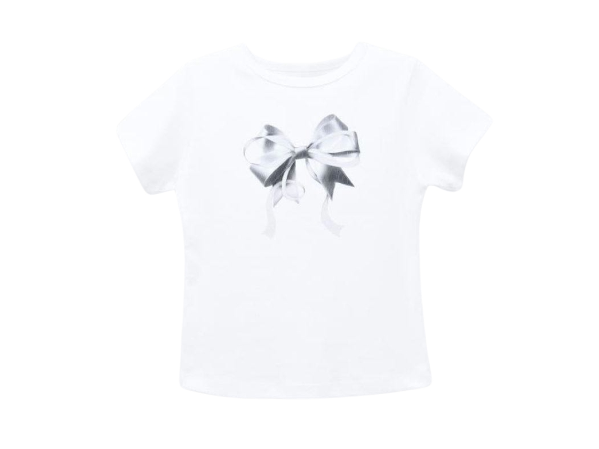 ◆RONRON◆ DOUBLE RIBBON SLIM CROP T SHIRT WHITE SILVER Ronron Double Ribbon Slim Crop T-Shirt White-Silver | ของแท้
