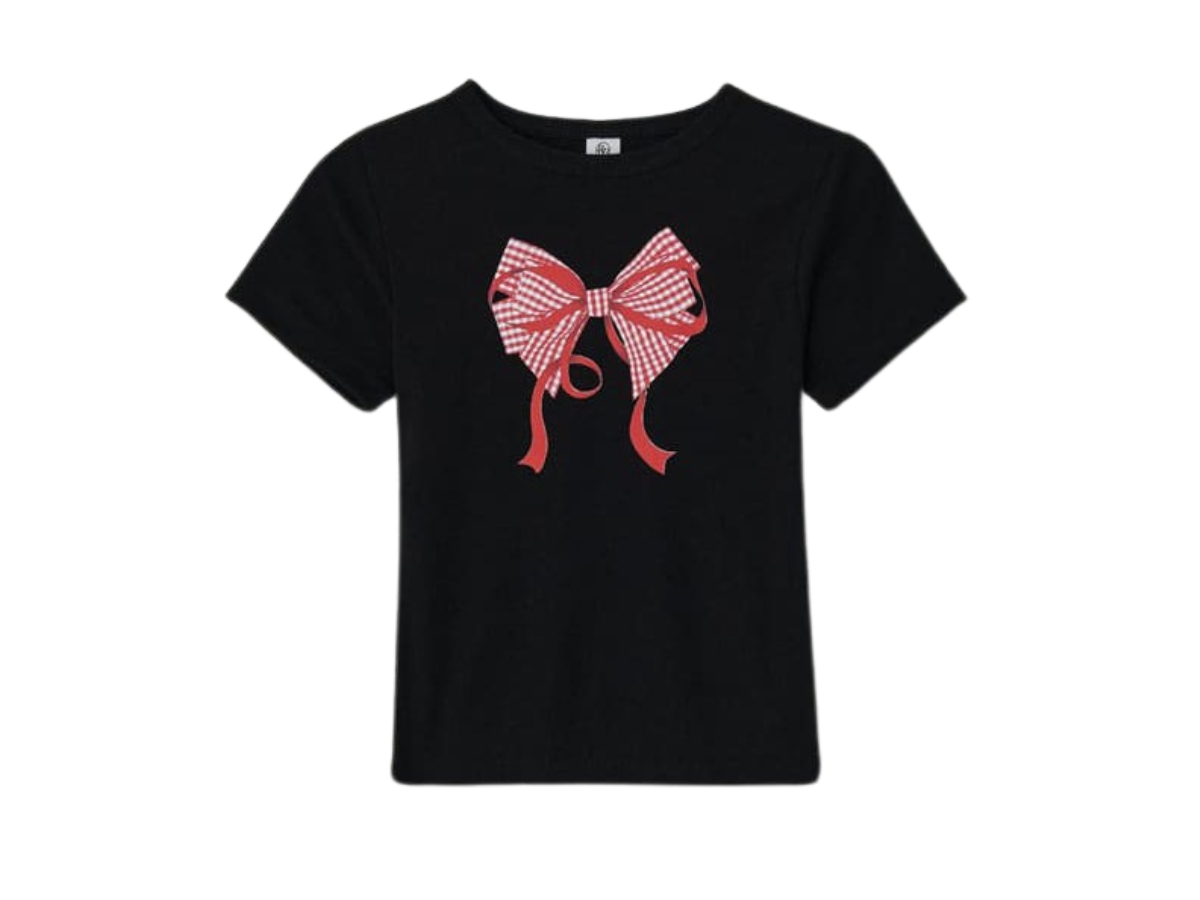Ronron Gingham Double Ribbon Slim Crop T Shirt Black Red