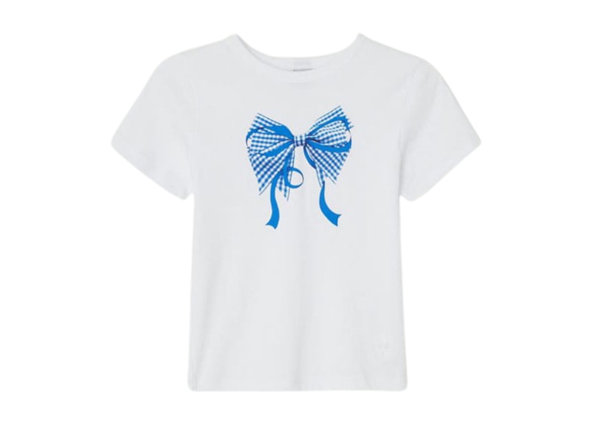 Ronron Gingham Double Ribbon Slim Crop T Shirt White Blue