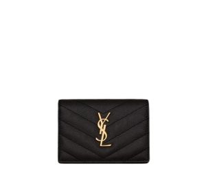 Saint Laurent Cassandre Matelassé Business Card Case In Grain De Poudre Embossed Leather With Gold-Toned Metal Hardware Black