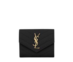Saint Laurent Cassandre Matelasse Compact Tri Fold Wallet In Grain De Poudre Embossed Leather With Gold-Toned Metal Hardware Black