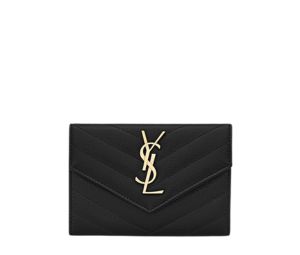 Saint Laurent Cassandre Matelasse Small Envelope Wallet In Grain De Poudre Embossed Leather With Gold-Toned Metal Hardware Noir