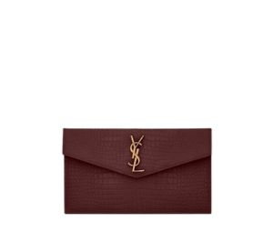 Saint Laurent Uptown Pouch In Crocodile-Embossed Shiny Leather With Gold-Toned Metal Hardware Rouge Legion
