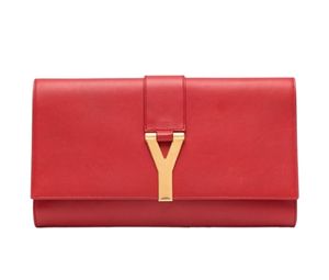 Saint Laurent YSL GHW Second Pouch Clutch Calfskin Leather Red