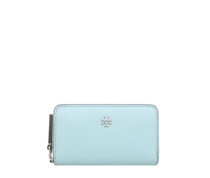 Tory Burch Blake Zip Card Case In Leather With Silver Color Hardware Pearl Sky