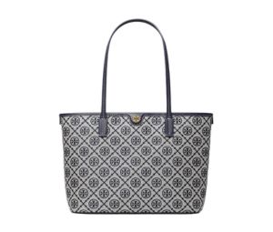 Tory Burch Small T Monogram Zip Tote In Woven Jacquard With Zipper Closure Navy