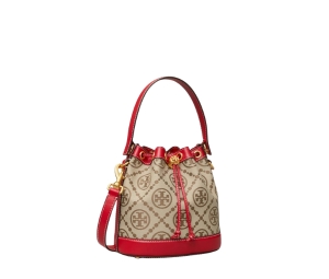 Tory Burch T Monogram Bucket Bag In Woven Jacquard With Brass-Finish Hardware Red