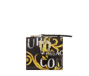 Versace Logo Couture1 Wallet In Baroque Printed Polyester With Gold Metal Hardware Black-Gold