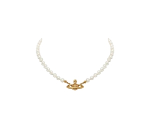 Vivienne Westwood Mini Bas Relief Pearl Choker In Gold-Tone With a Crystal (Chain Length 40cm-19.5cm)