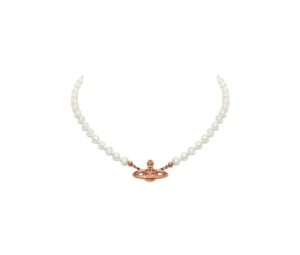 Vivienne Westwood Mini Bas Relief Pearl Choker In Pink Gold-Tone With Pink Preciosa Crystals (Chain Length 40cm-19.5cm)